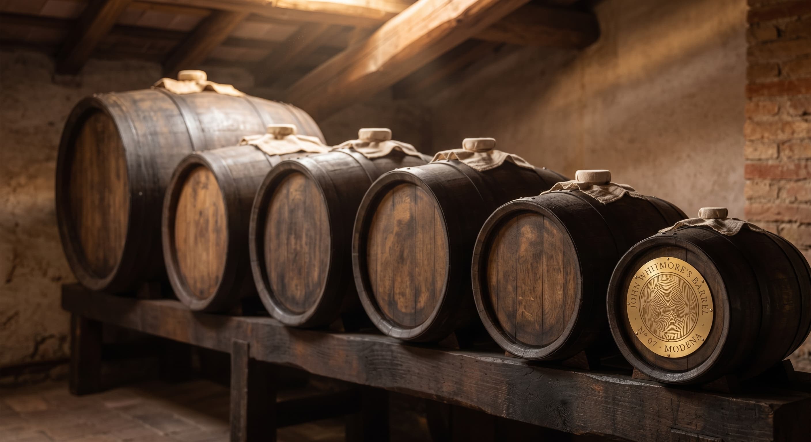 Una fila di botti in soffitta; sulla più piccola, il medaglione in ottone «John Whitmore's Barrel · N° 07 · Modena»