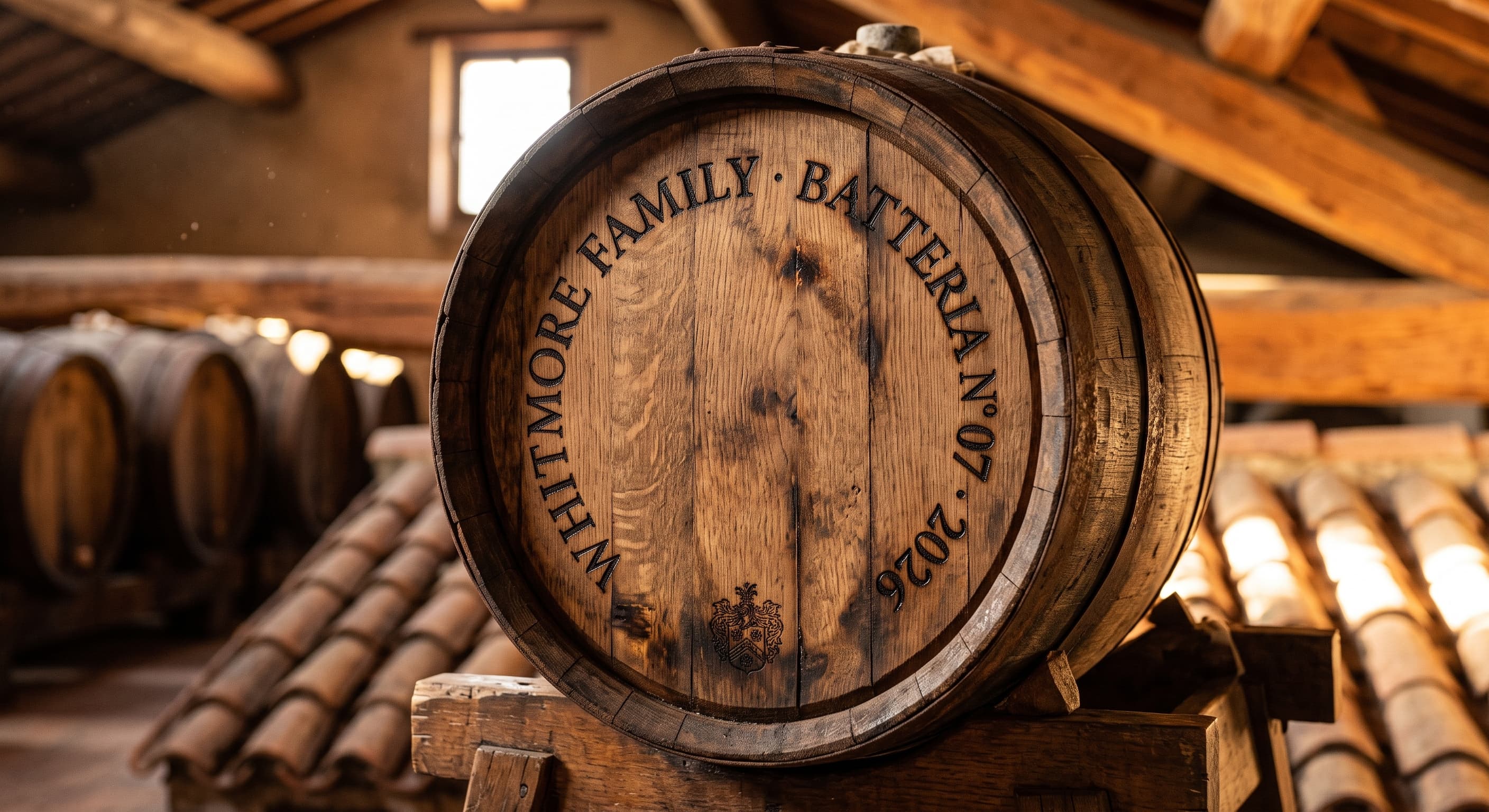 Il fondo di una botte con il nome inciso a fuoco nel legno: «Whitmore Family · Batteria N° 07 · 2026»